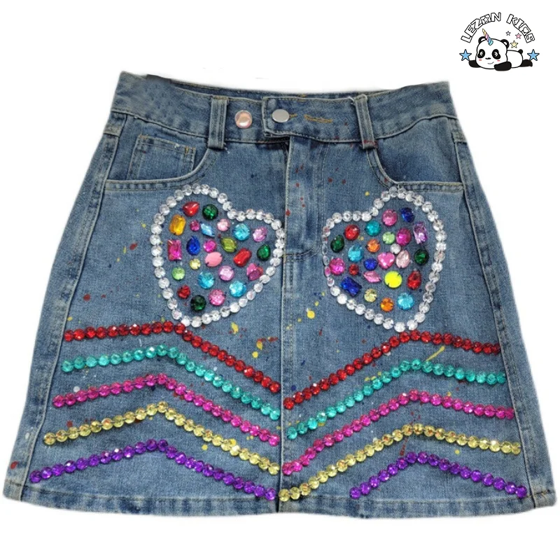 LEZONKIDS - Custom Design Fashion Hand Make Gems Denim Skirt Kid's Stones Skirt Casual A-Line Denim 2-14 Years Denim Skirt